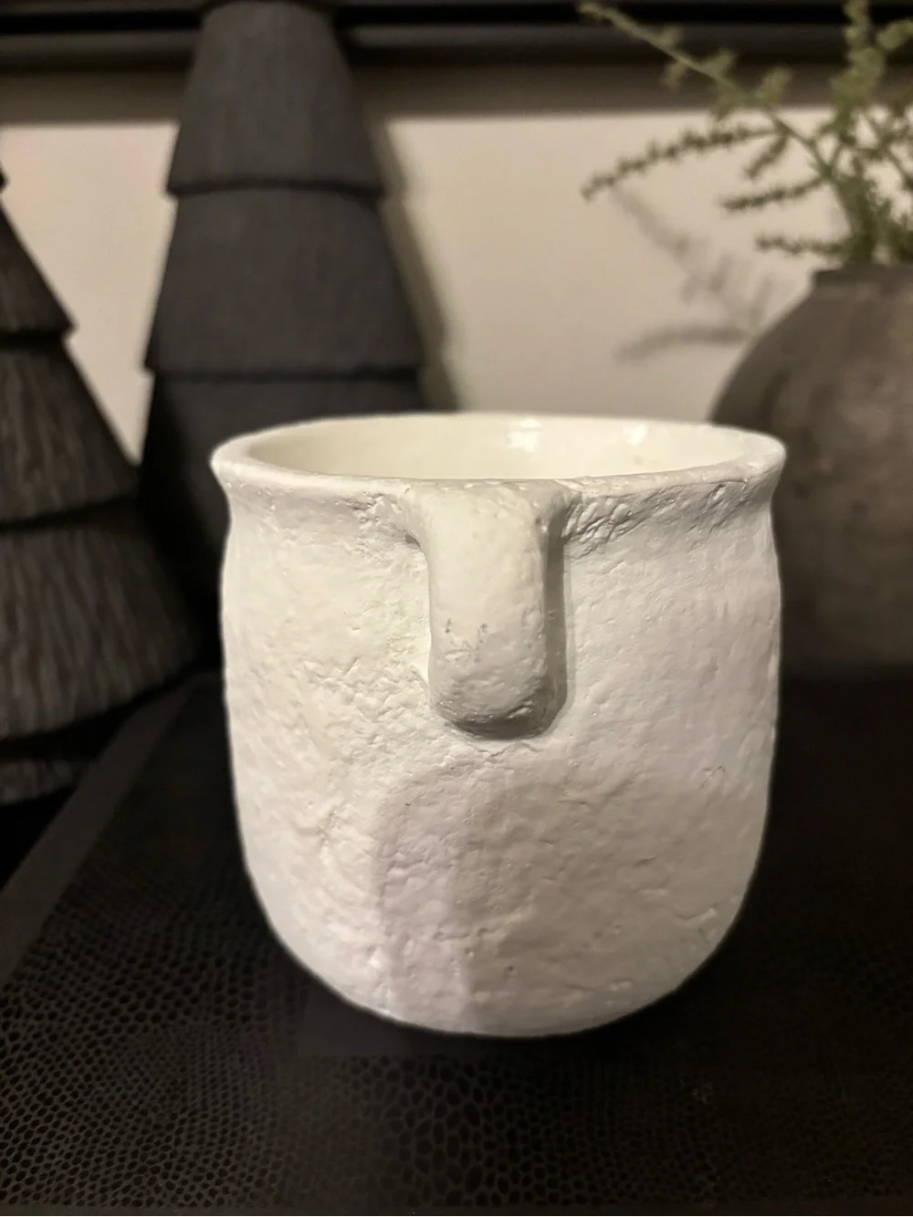 White Handmade Textured Ceramic Pot with Handles-Small
